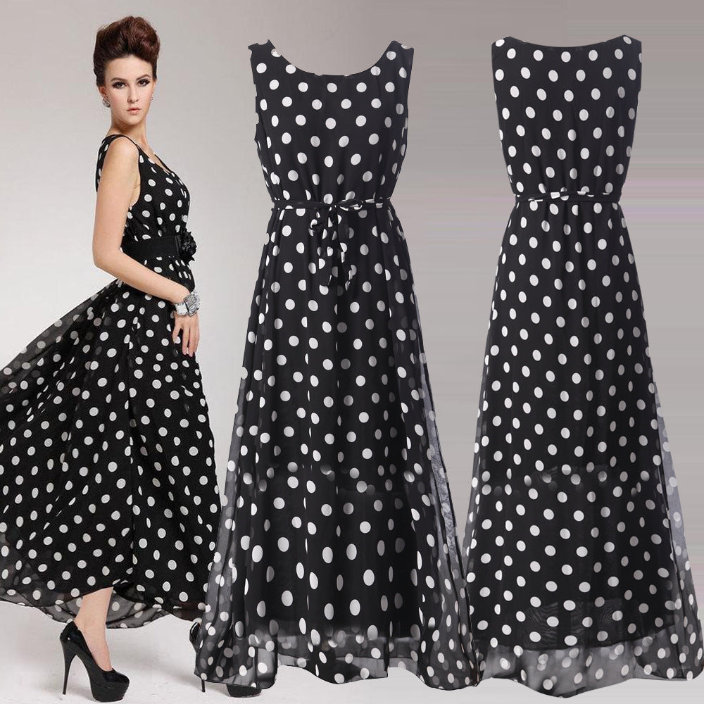 Black And White Polka Dot Chiffon Big Swing Suspender Dress