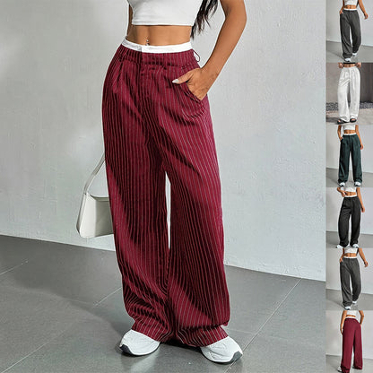 Stripe Printed Trousers Fashion High Waist Straight Leg Pants With Pocket Zipper Casual Suit Pants For Women