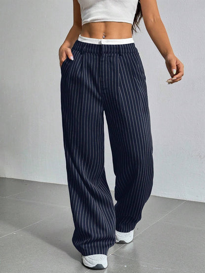 Stripe Printed Trousers Fashion High Waist Straight Leg Pants With Pocket Zipper Casual Suit Pants For Women