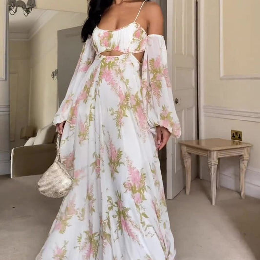 French Printing Home Sexy Backless Spaghetti Straps Dress