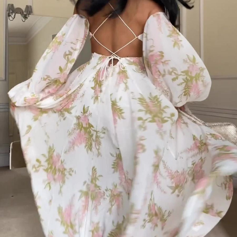 French Printing Home Sexy Backless Spaghetti Straps Dress