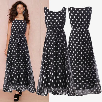 Black And White Polka Dot Chiffon Big Swing Suspender Dress