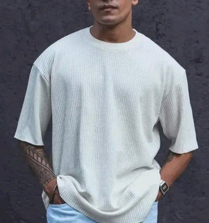 Men's Stylish Textured White Half Sleeve T-Shirt – Soft Cotton Blend, Summer Casual Wear