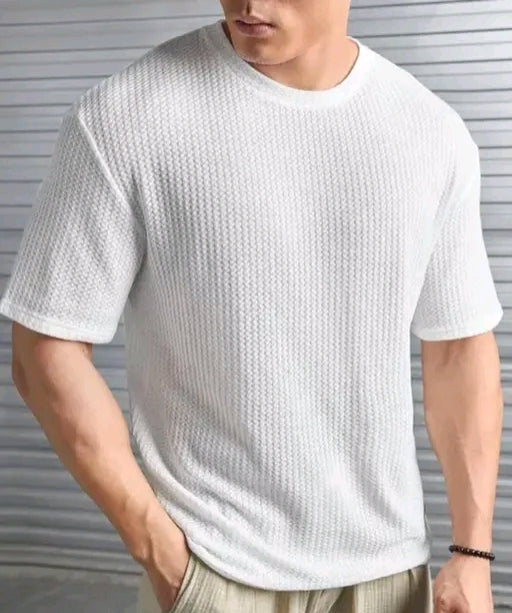 Men's Stylish Textured White Half Sleeve T-Shirt – Soft Cotton Blend, Summer Casual Wear