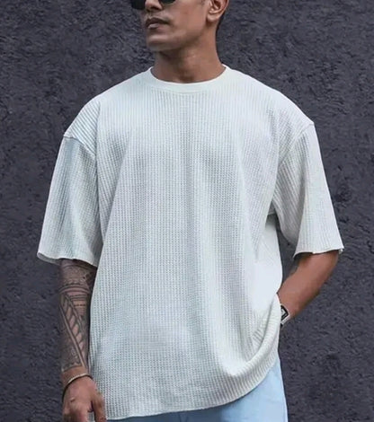 Men's Stylish Textured White Half Sleeve T-Shirt – Soft Cotton Blend, Summer Casual Wear